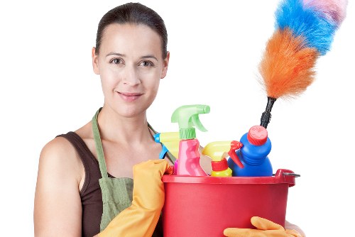 A tidy living room prepared with domestic cleaning supplies