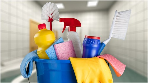 Routine cleaning supplies arranged for home maintenance