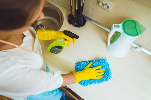 Deep cleaning a bright kitchen with detailed attention to surfaces